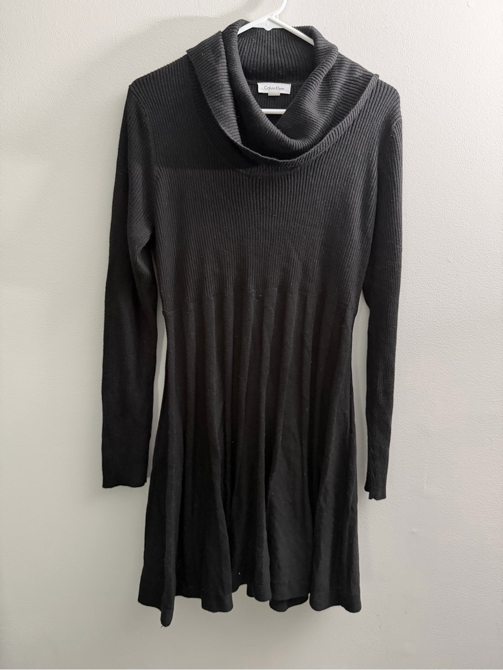 Women’s L Calvin Klein Black Ribbed Cowl Neck Sweater Dress long sleeve cozy